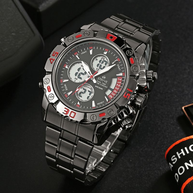 Stryve S8018 Menn Full Steel Vanntett Dato Uke Chrono Alarmklokke Dual Display Digital Watch