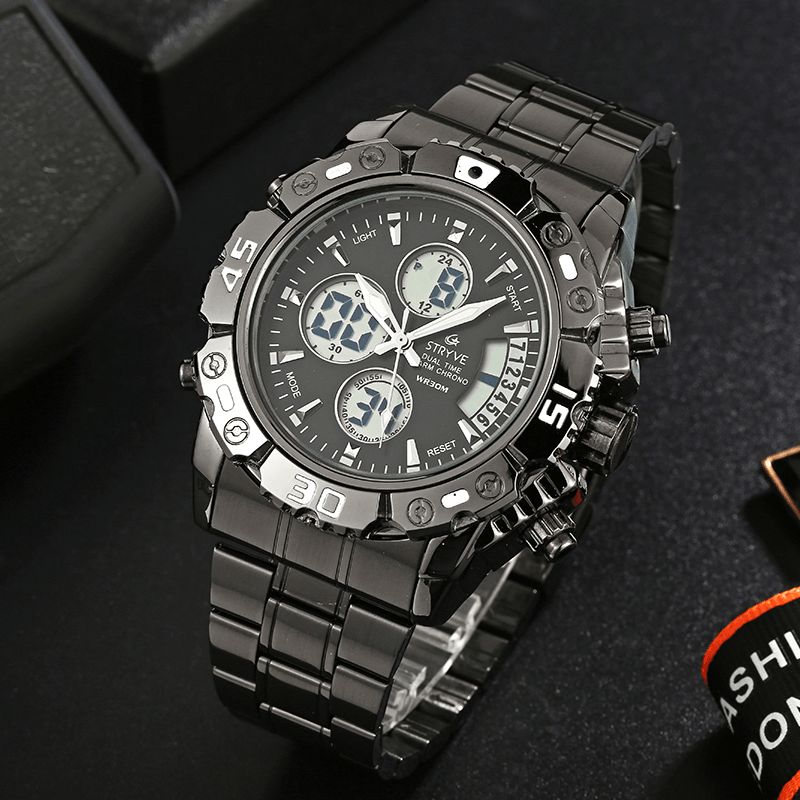 Stryve S8018 Menn Full Steel Vanntett Dato Uke Chrono Alarmklokke Dual Display Digital Watch