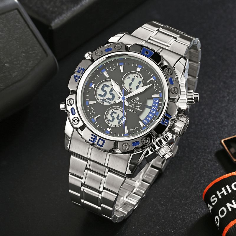 Stryve S8018 Menn Full Steel Vanntett Dato Uke Chrono Alarmklokke Dual Display Digital Watch