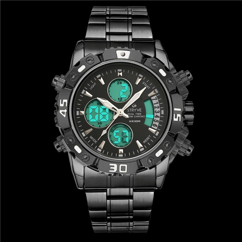 Stryve S8018 Menn Full Steel Vanntett Dato Uke Chrono Alarmklokke Dual Display Digital Watch