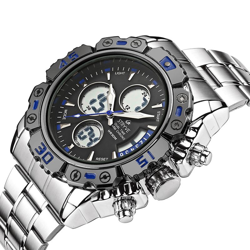 Stryve S8018 Menn Full Steel Vanntett Dato Uke Chrono Alarmklokke Dual Display Digital Watch