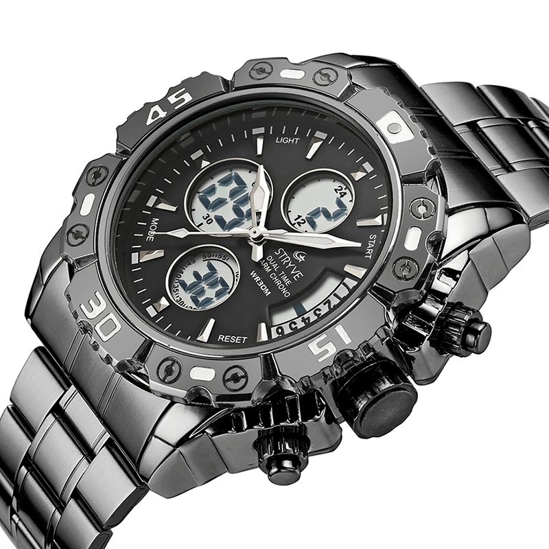 Stryve S8018 Menn Full Steel Vanntett Dato Uke Chrono Alarmklokke Dual Display Digital Watch