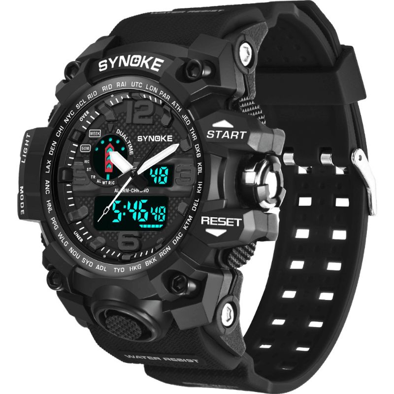 Synoke 9401 Sport Herre Digital Klokke 5Atm Vanntett Dual Time Luminous Display Dual Display Watch