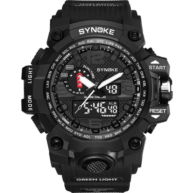 Synoke 9401 Sport Herre Digital Klokke 5Atm Vanntett Dual Time Luminous Display Dual Display Watch