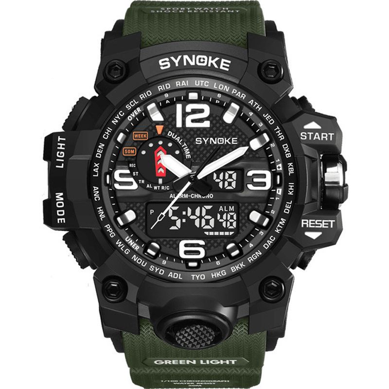 Synoke 9401 Sport Herre Digital Klokke 5Atm Vanntett Dual Time Luminous Display Dual Display Watch