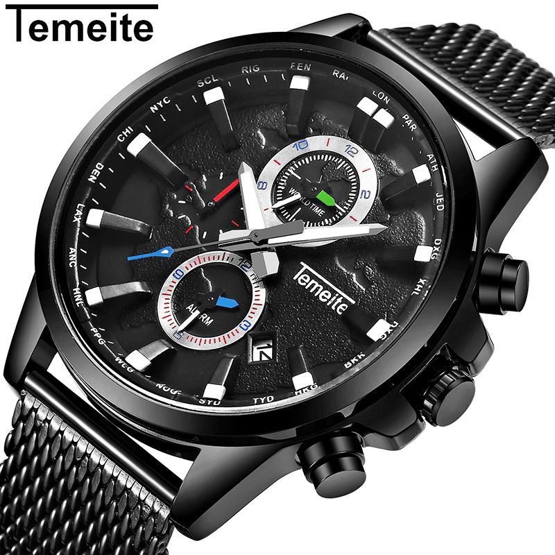 Temeite Menn Business Watch Chronograph Calendar Fashion Casual 3Atm Vanntett Kvartsklokke