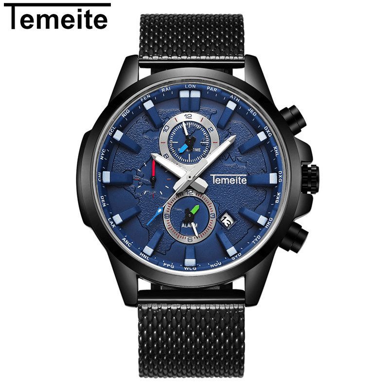 Temeite Menn Business Watch Chronograph Calendar Fashion Casual 3Atm Vanntett Kvartsklokke