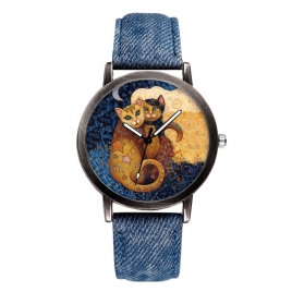 Temperament Cartoon Cat Blank Dial All-Match Denim Strap Dame Kvartsklokke Armbåndsur