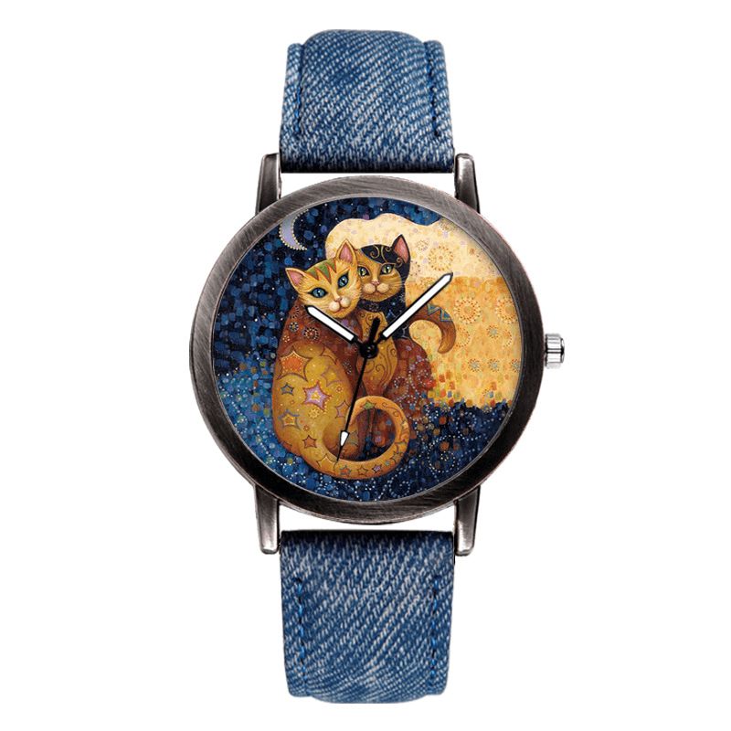 Temperament Cartoon Cat Blank Dial All-Match Denim Strap Dame Kvartsklokke Armbåndsur