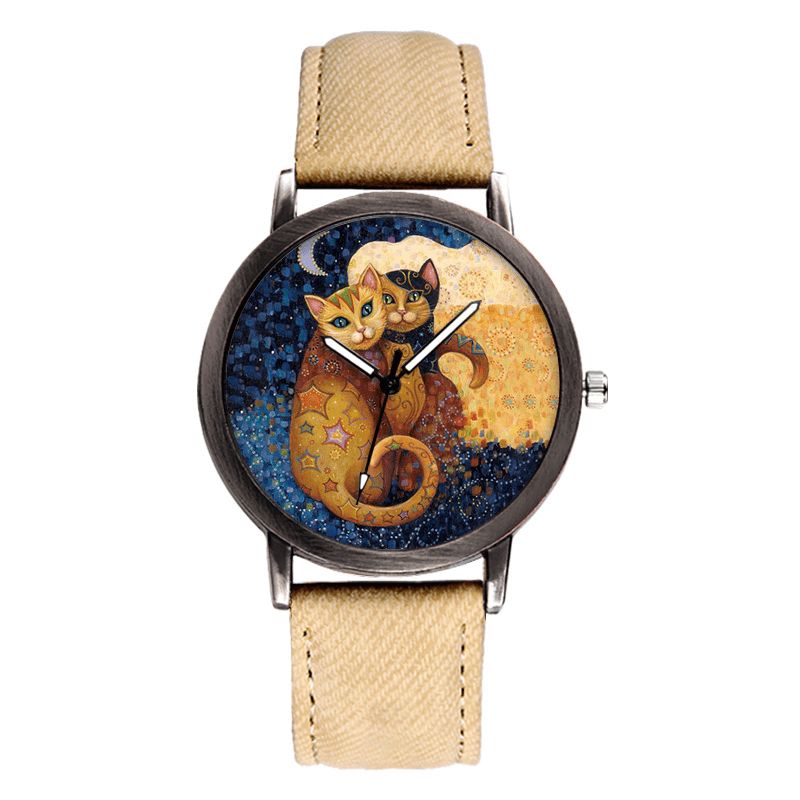 Temperament Cartoon Cat Blank Dial All-Match Denim Strap Dame Kvartsklokke Armbåndsur