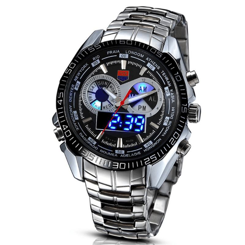 Tvg 468 Herre Luxury Steel Band Dato Lysende Display Mote Sport Dual Display Digital Watch