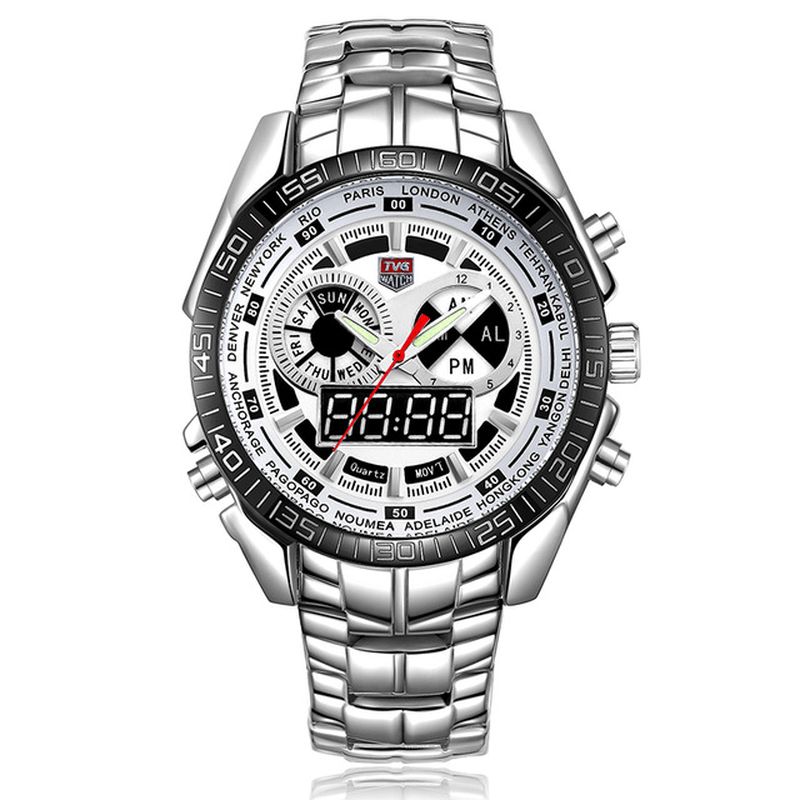 Tvg 468 Herre Luxury Steel Band Dato Lysende Display Mote Sport Dual Display Digital Watch