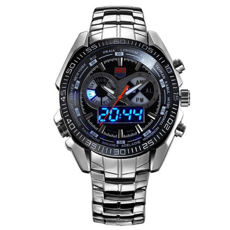 Tvg 468 Herre Luxury Steel Band Dato Lysende Display Mote Sport Dual Display Digital Watch