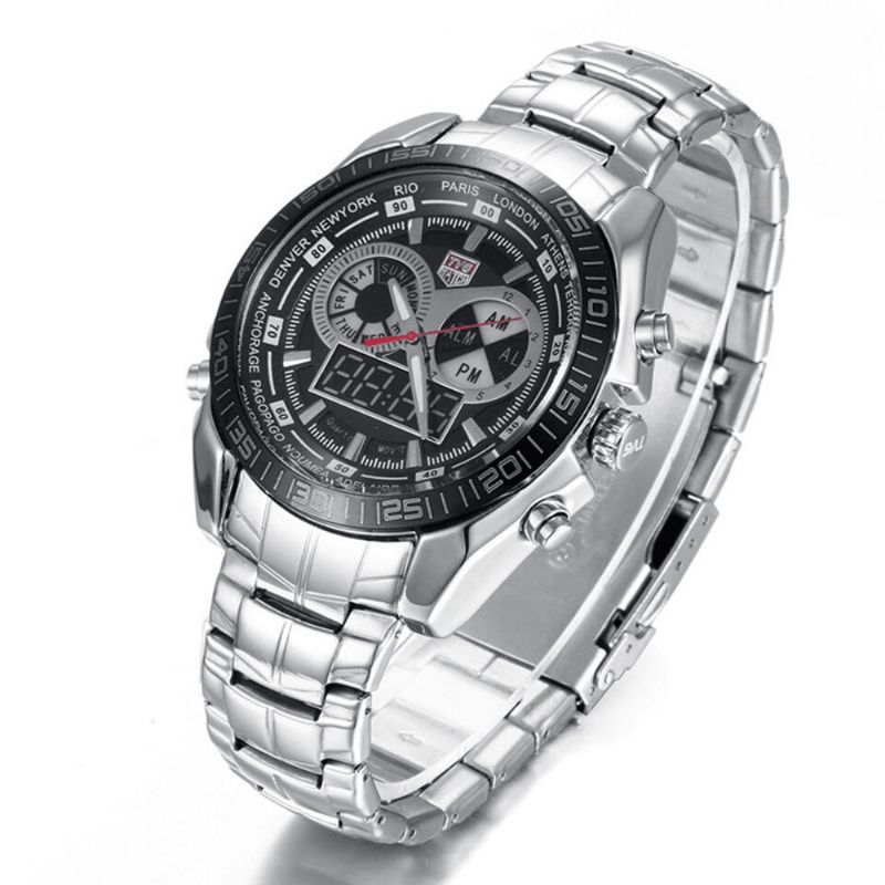 Tvg 468 Herre Luxury Steel Band Dato Lysende Display Mote Sport Dual Display Digital Watch