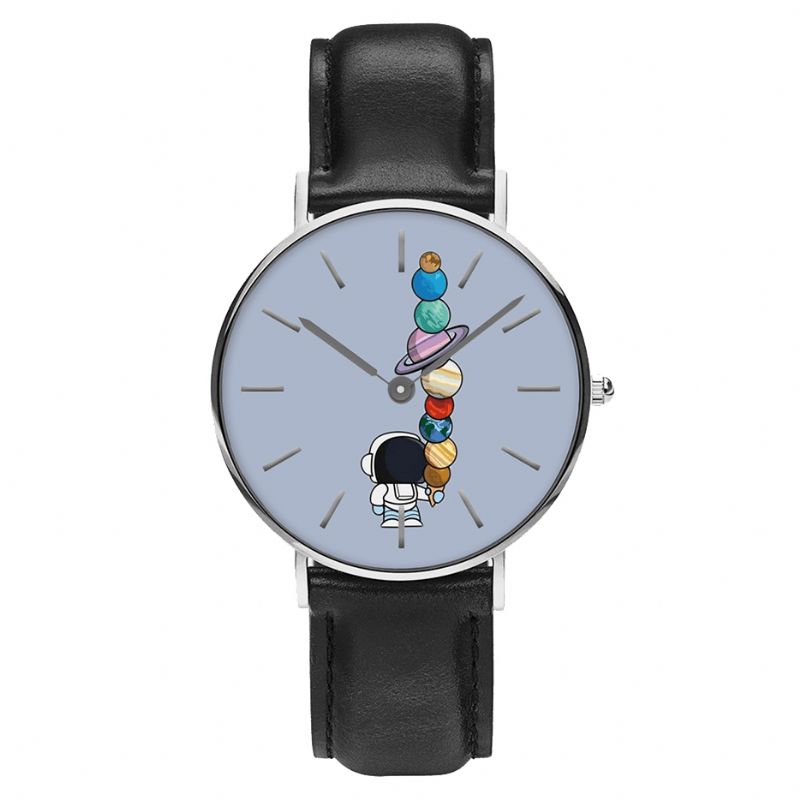 Uformell Stil Herreklokke Cartoon Astronaut Star Ice-Cream Print Pu Lærreim Klokke Kvartsklokker