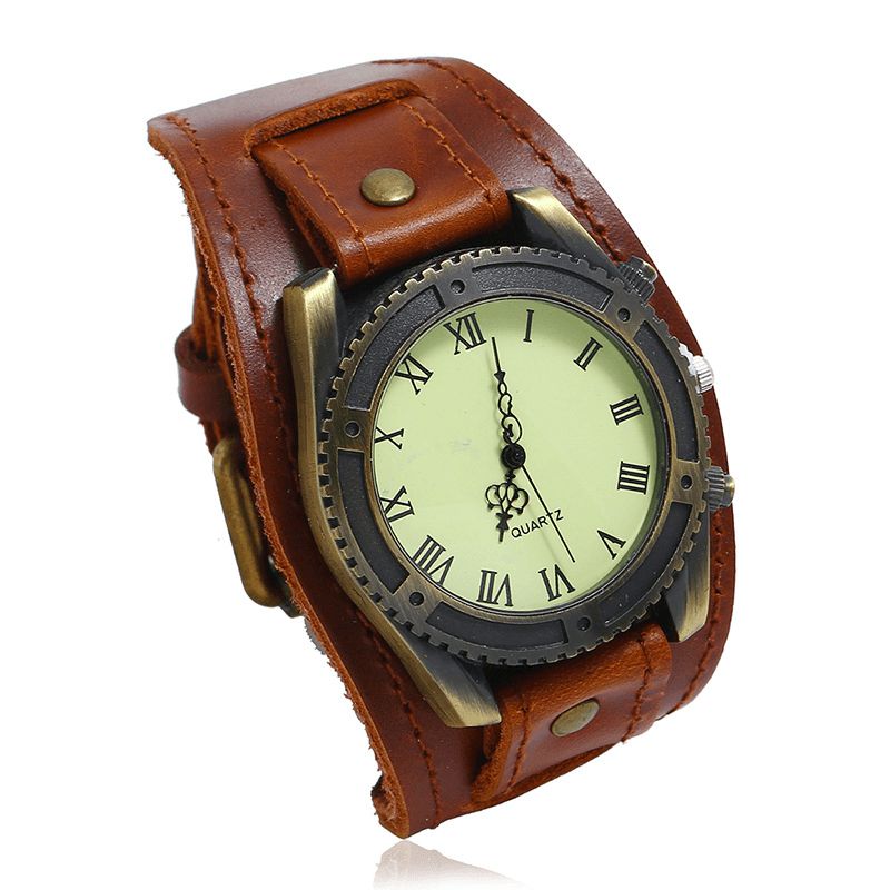 Vintage Cow Leather Armbånd Watch Justerbar Stropp Romertall Menn Kvartsklokke