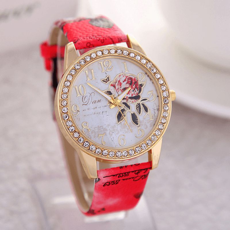 Vintage Idyllisk Peony Flower Pattern Leather Strap Dame Kvartsklokke