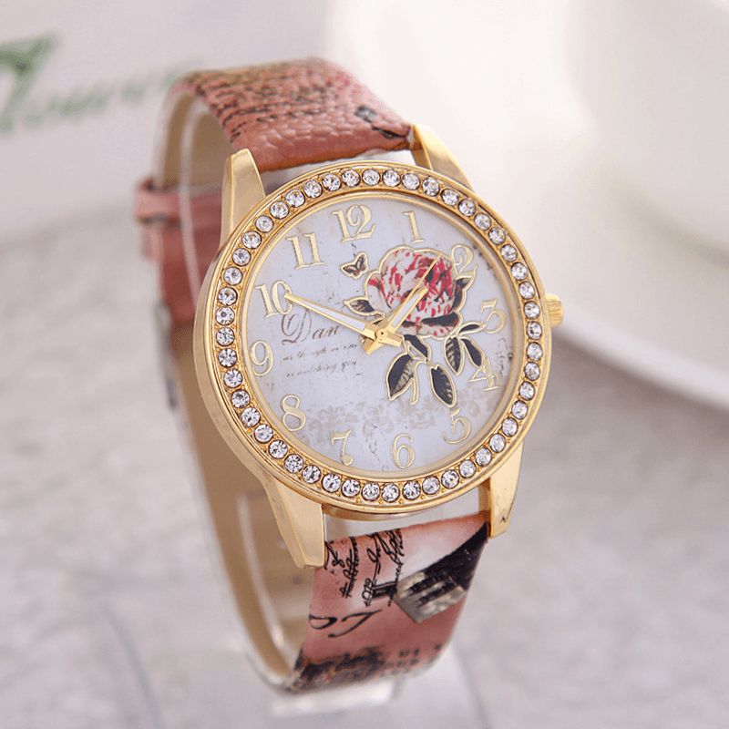 Vintage Idyllisk Peony Flower Pattern Leather Strap Dame Kvartsklokke