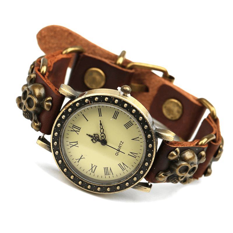 Vintage Retro Stil Menn Watch Cow Leather Armbånd Watch Justerbar Skull Kvartsklokke