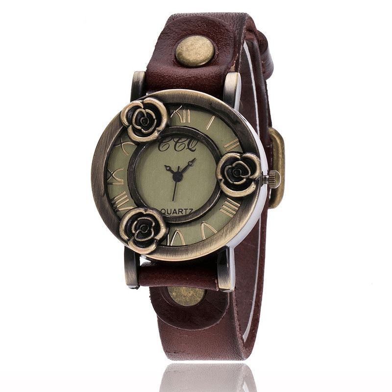 Vintage Thin Band Dame Armbåndsur Three Roses Hollow Dial Kvartsklokke