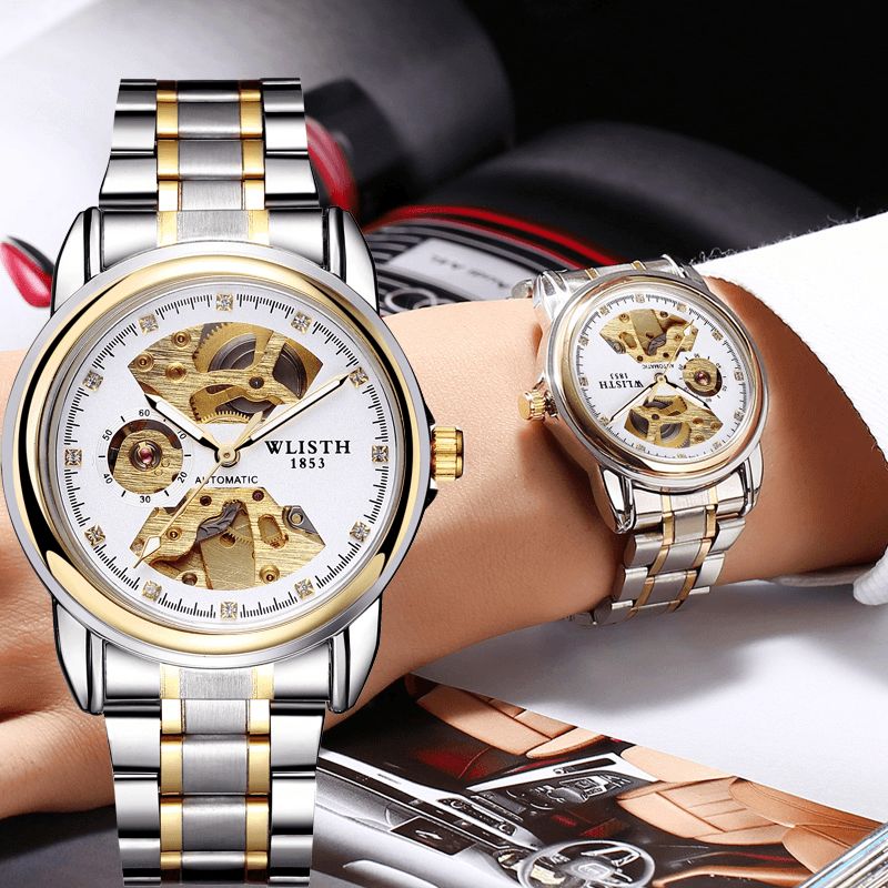 Wlisth 1001 Fashion Hollow Dial Luminous Pointer Business Style Herreklokke Automatisk Mekanisk Klokke