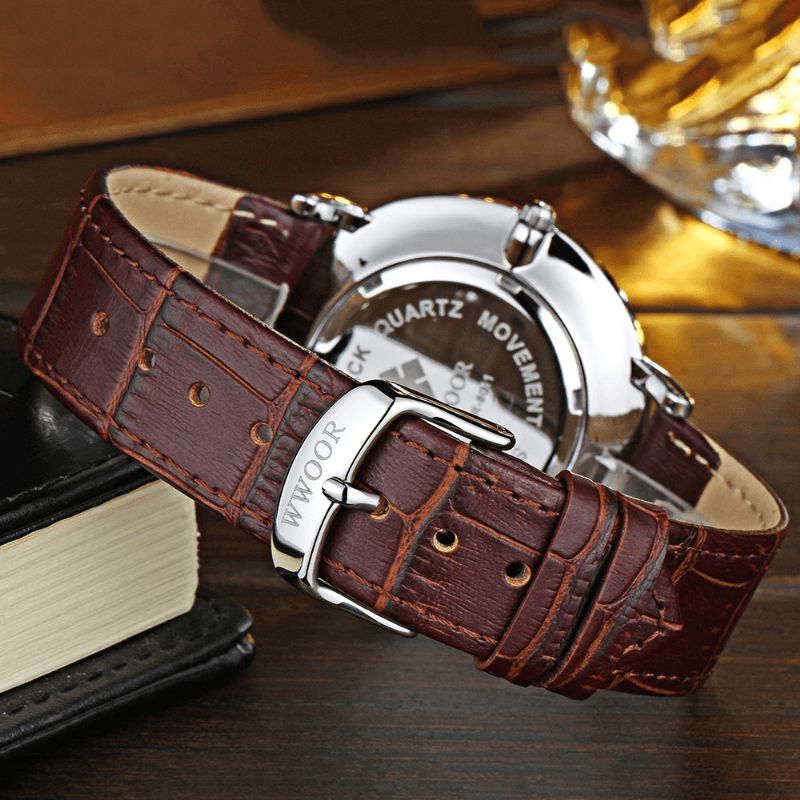 Wwoor 8011 Ultra Thin Casual Style Herre Armbåndsur Leather Watch Band Quartz Klokker