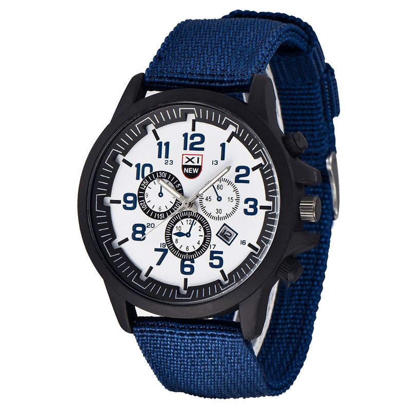 Xinew 2229D Militær Uformell Menn Nylon Canvas Band Data Display Vanntett Stor Urskive Sport Kvartsklokke