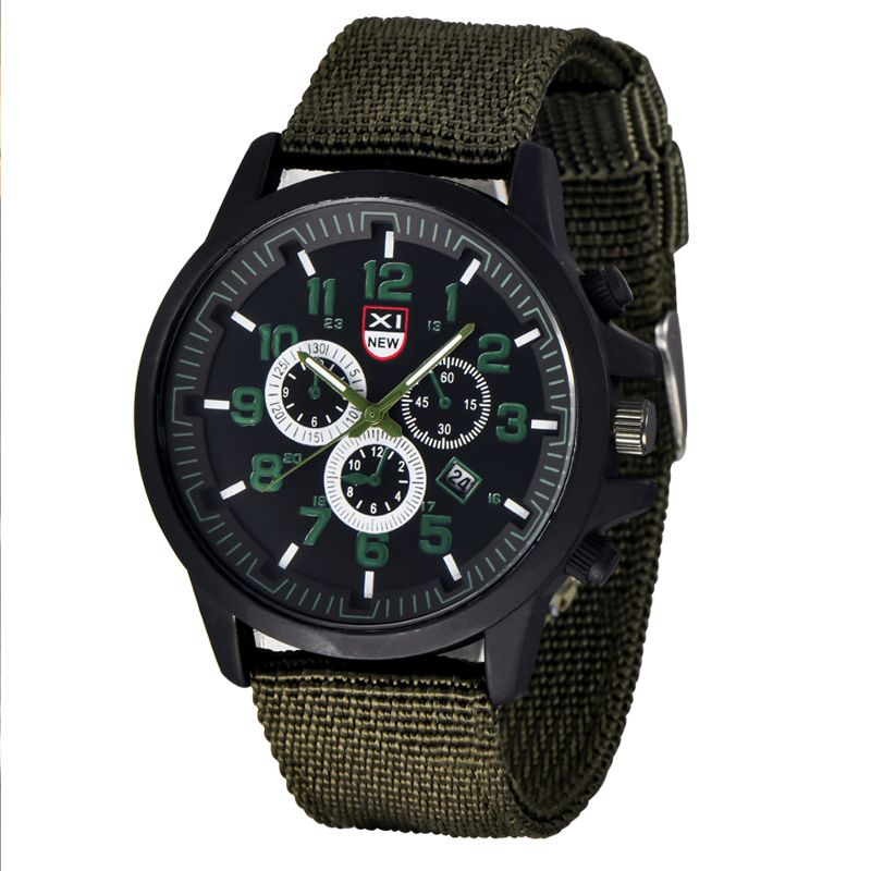 Xinew 2229D Militær Uformell Menn Nylon Canvas Band Data Display Vanntett Stor Urskive Sport Kvartsklokke