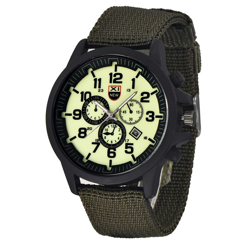 Xinew 2229D Militær Uformell Menn Nylon Canvas Band Data Display Vanntett Stor Urskive Sport Kvartsklokke