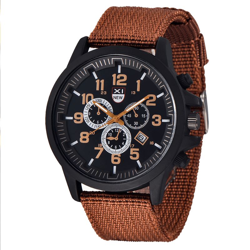 Xinew 2229D Militær Uformell Menn Nylon Canvas Band Data Display Vanntett Stor Urskive Sport Kvartsklokke