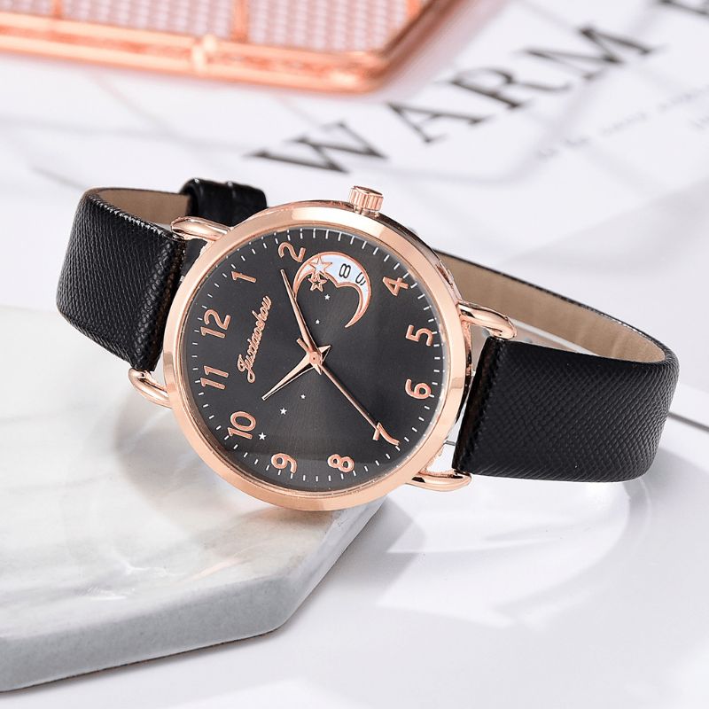 Xr4379 Elegant Luksus 2 Stk Klokkesett Dame Armbånd Kvarts Klokke Moon Starry Dial Lærrem Dame Gave