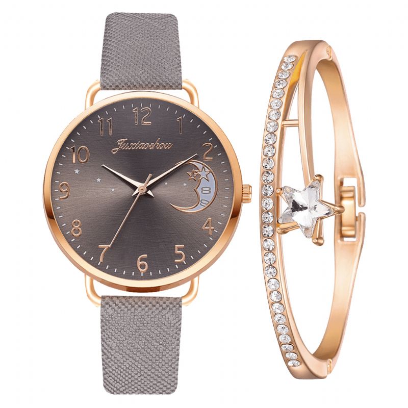 Xr4379 Elegant Luksus 2 Stk Klokkesett Dame Armbånd Kvarts Klokke Moon Starry Dial Lærrem Dame Gave