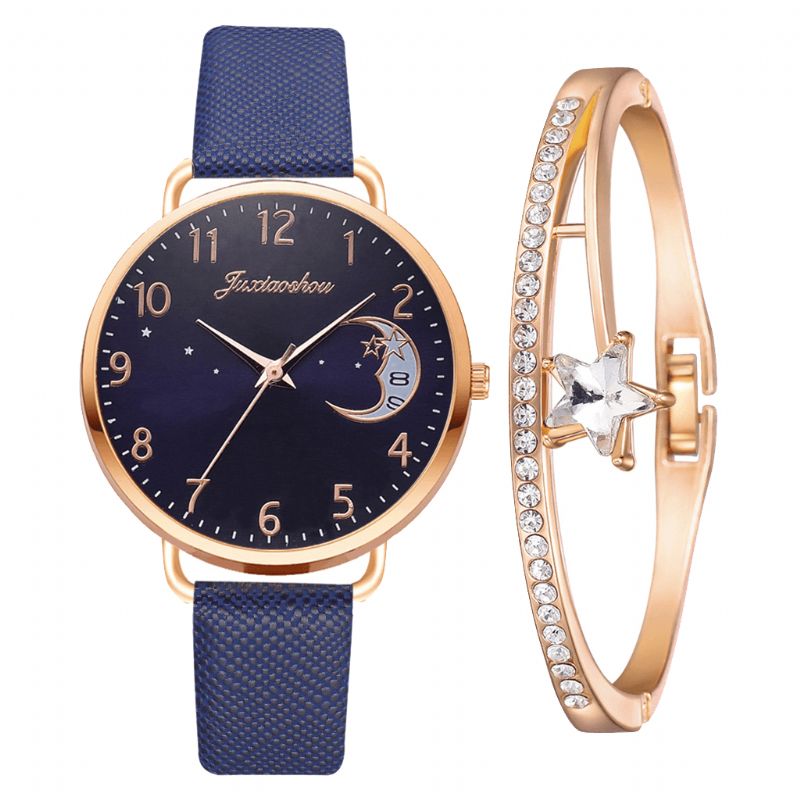 Xr4379 Elegant Luksus 2 Stk Klokkesett Dame Armbånd Kvarts Klokke Moon Starry Dial Lærrem Dame Gave