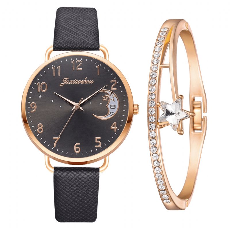 Xr4379 Elegant Luksus 2 Stk Klokkesett Dame Armbånd Kvarts Klokke Moon Starry Dial Lærrem Dame Gave