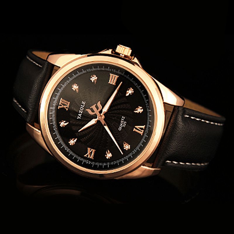 Yazole 325 Menn Crystal Rose Gold Case Leather Band Lysende Skjerm Kvartsklokke