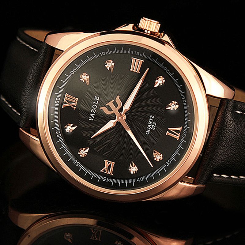 Yazole 325 Menn Crystal Rose Gold Case Leather Band Lysende Skjerm Kvartsklokke