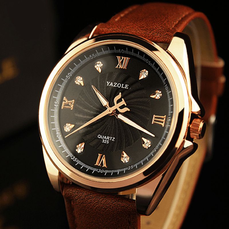 Yazole 325 Menn Crystal Rose Gold Case Leather Band Lysende Skjerm Kvartsklokke