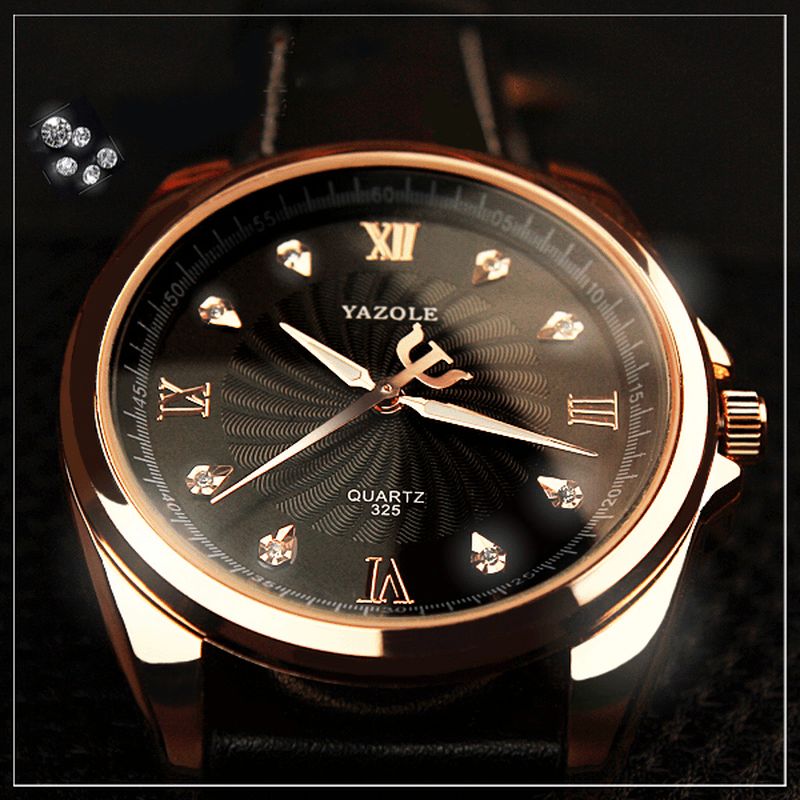 Yazole 325 Menn Crystal Rose Gold Case Leather Band Lysende Skjerm Kvartsklokke