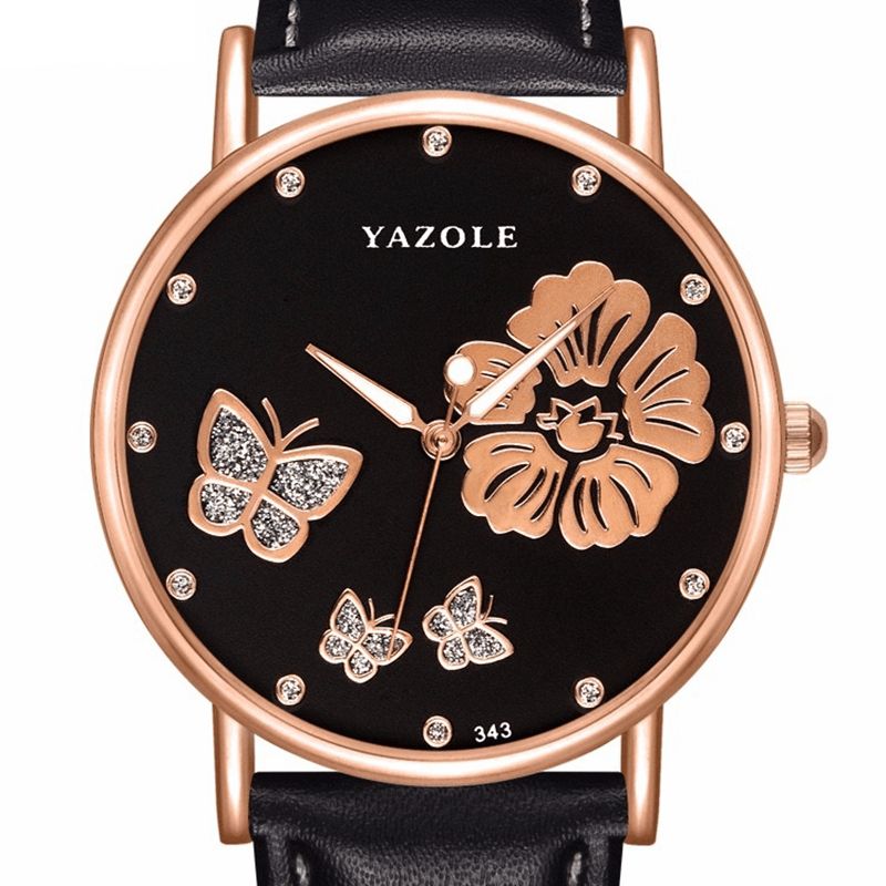 Yazole 343 Crystal Elegant Design Dame Armbåndsur Leather Band Kvartsklokke