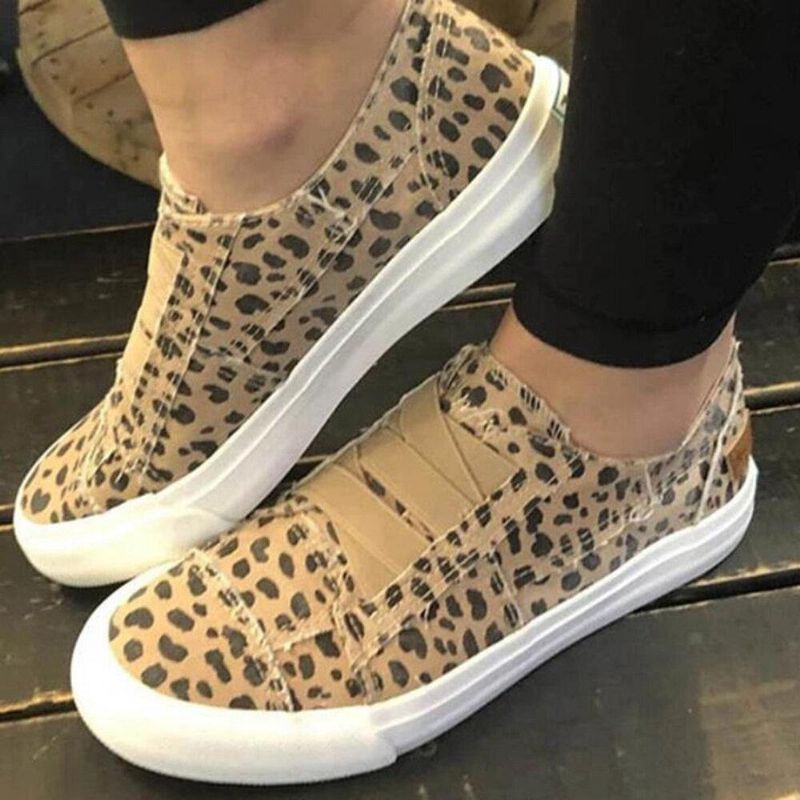 Woemn Leopard Printing Elastisk Band Casual Canvas Flat Sko