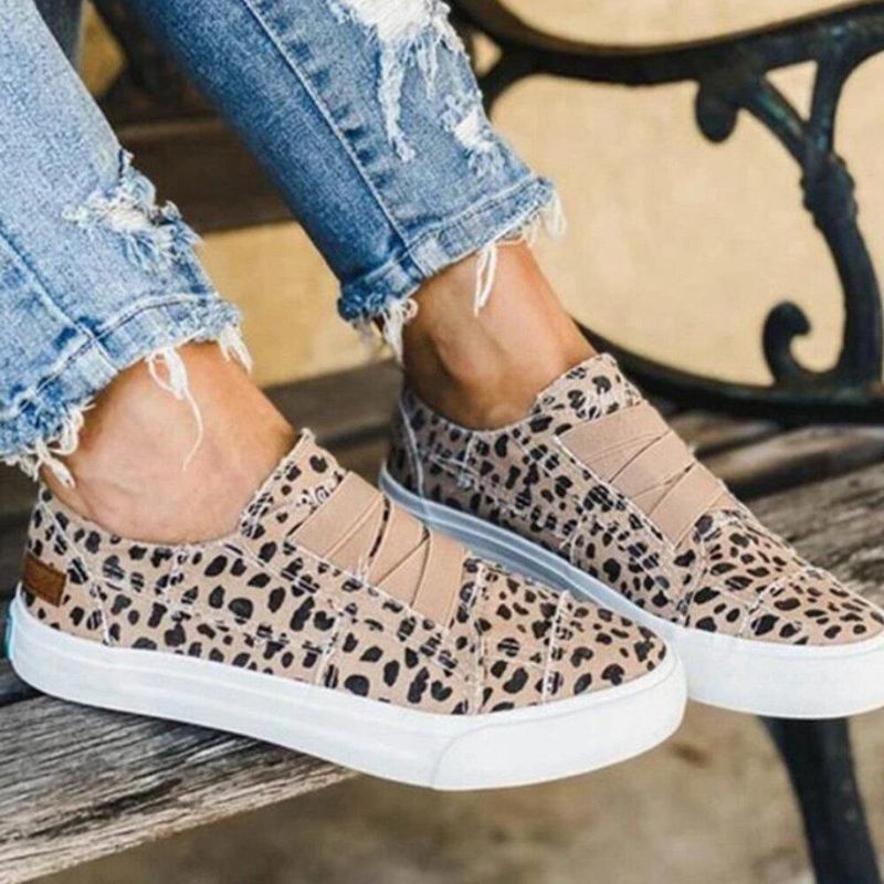 Woemn Leopard Printing Elastisk Band Casual Canvas Flat Sko