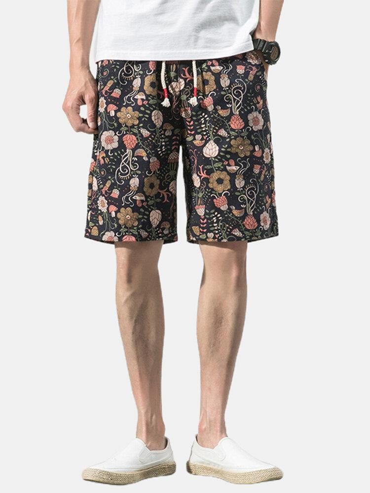 Bomull Menns Blomsterprint Lomme Med Snøring Casual Shorts