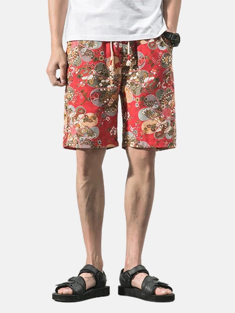 Bomull Menns Blomsterprint Lomme Med Snøring Casual Shorts