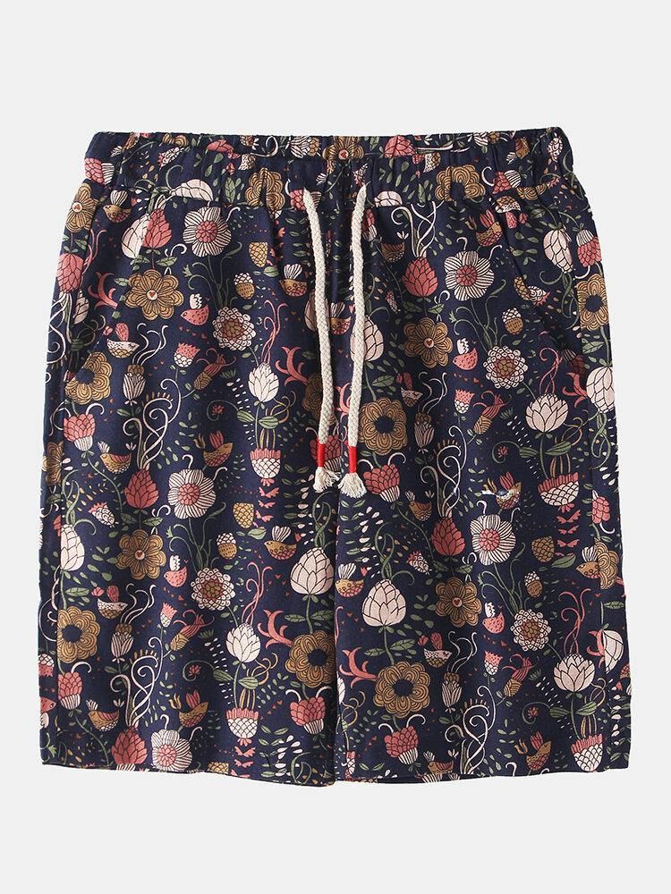 Bomull Menns Blomsterprint Lomme Med Snøring Casual Shorts