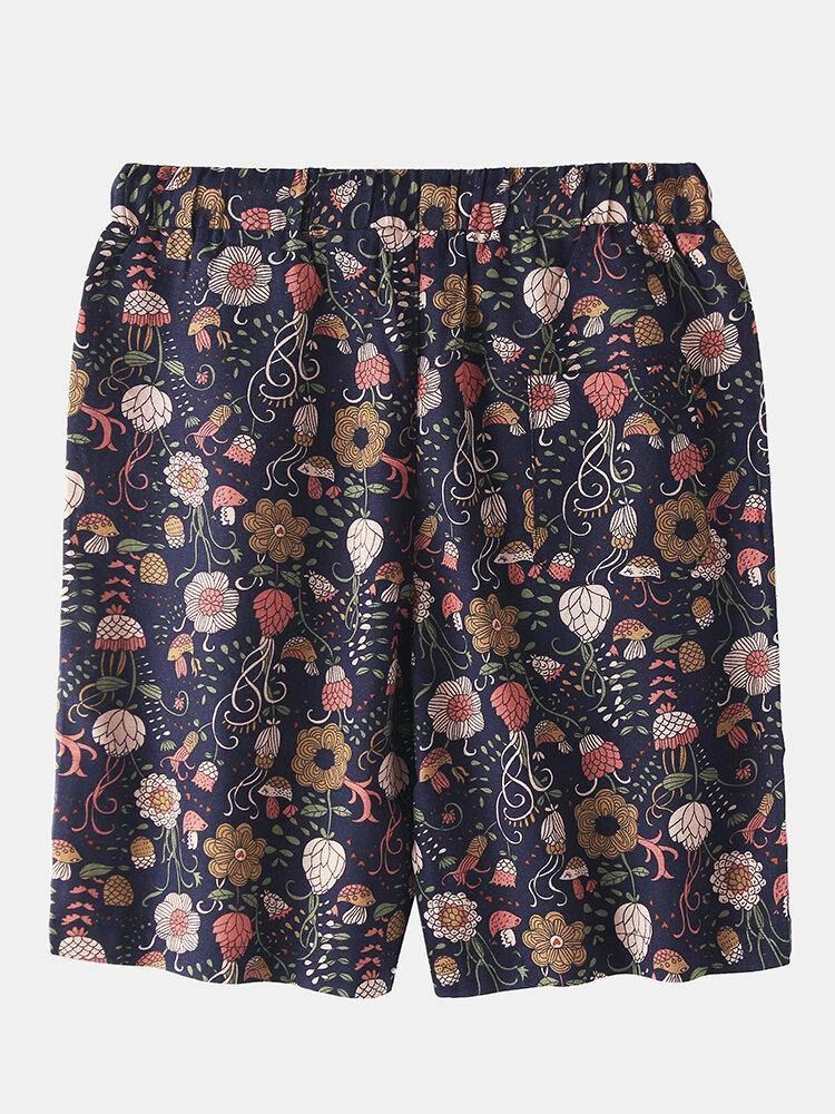 Bomull Menns Blomsterprint Lomme Med Snøring Casual Shorts