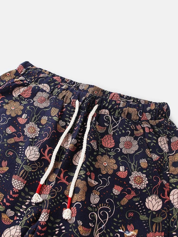 Bomull Menns Blomsterprint Lomme Med Snøring Casual Shorts