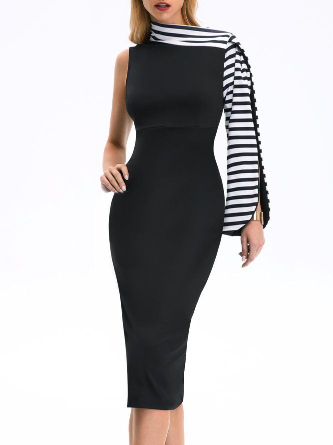 Elegant Asymmetrisk Hals Bodycon Midi-Kjole