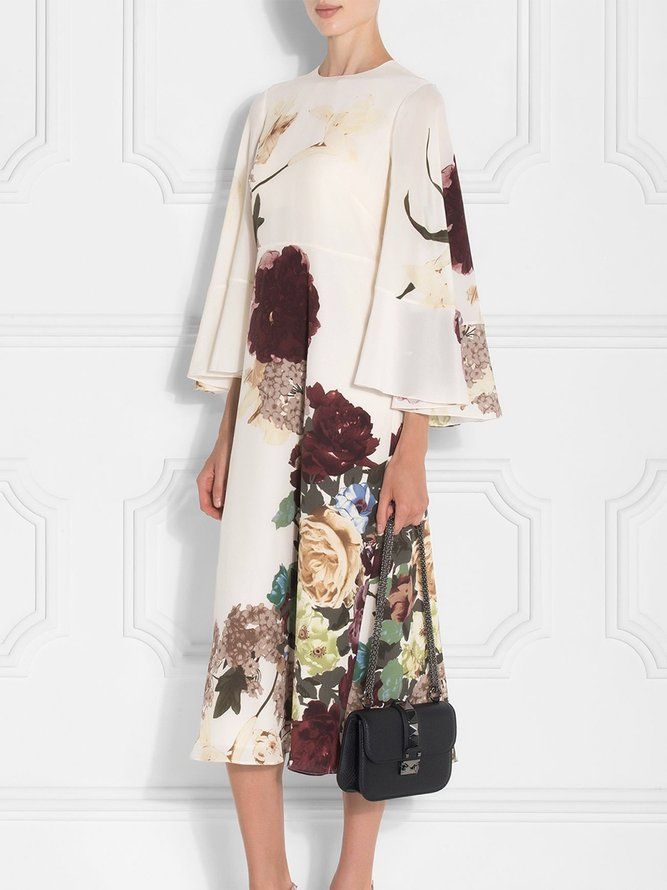 Elegant Floral Midi-Kjole Med Rund Hals