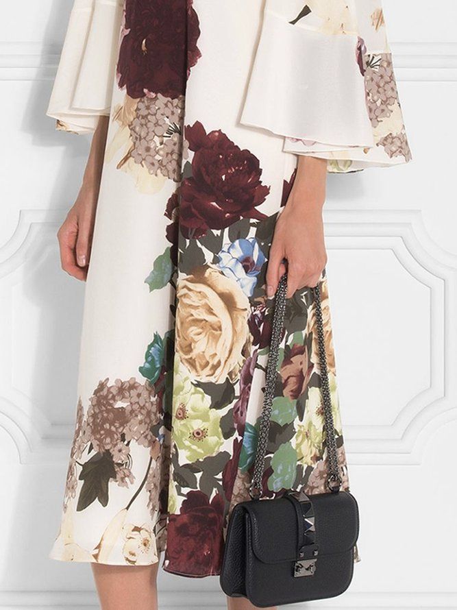 Elegant Floral Midi-Kjole Med Rund Hals