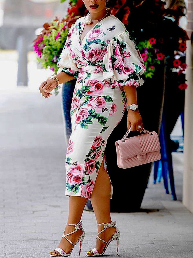 Lantern Sleeve Regular Fit Floral Elegant Midi Dress